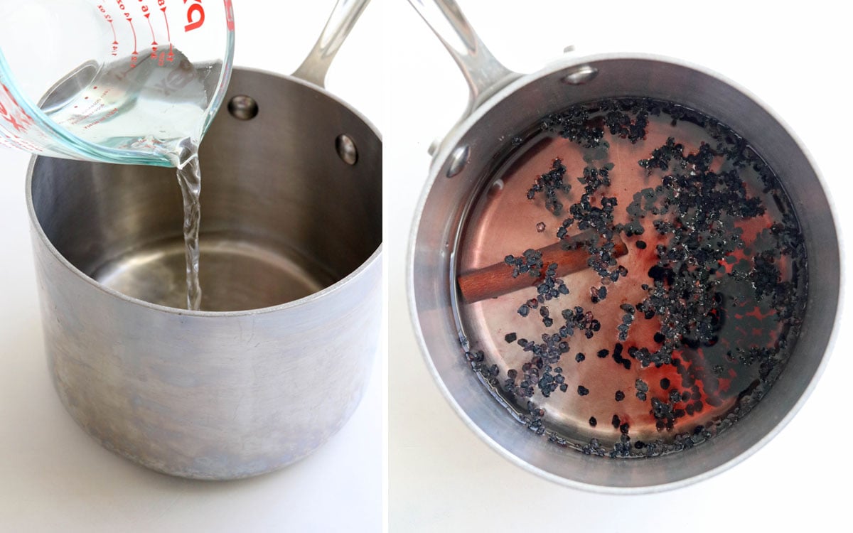 elderberries and water in saucepan