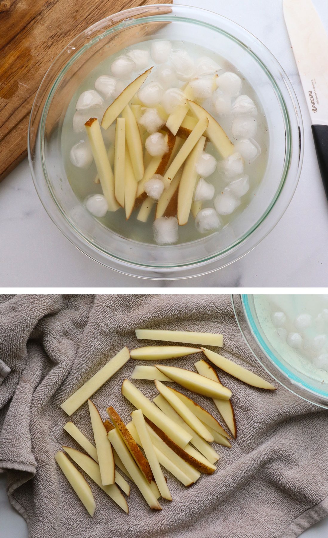 Dip the fries in ice water and then dry on a towel.
