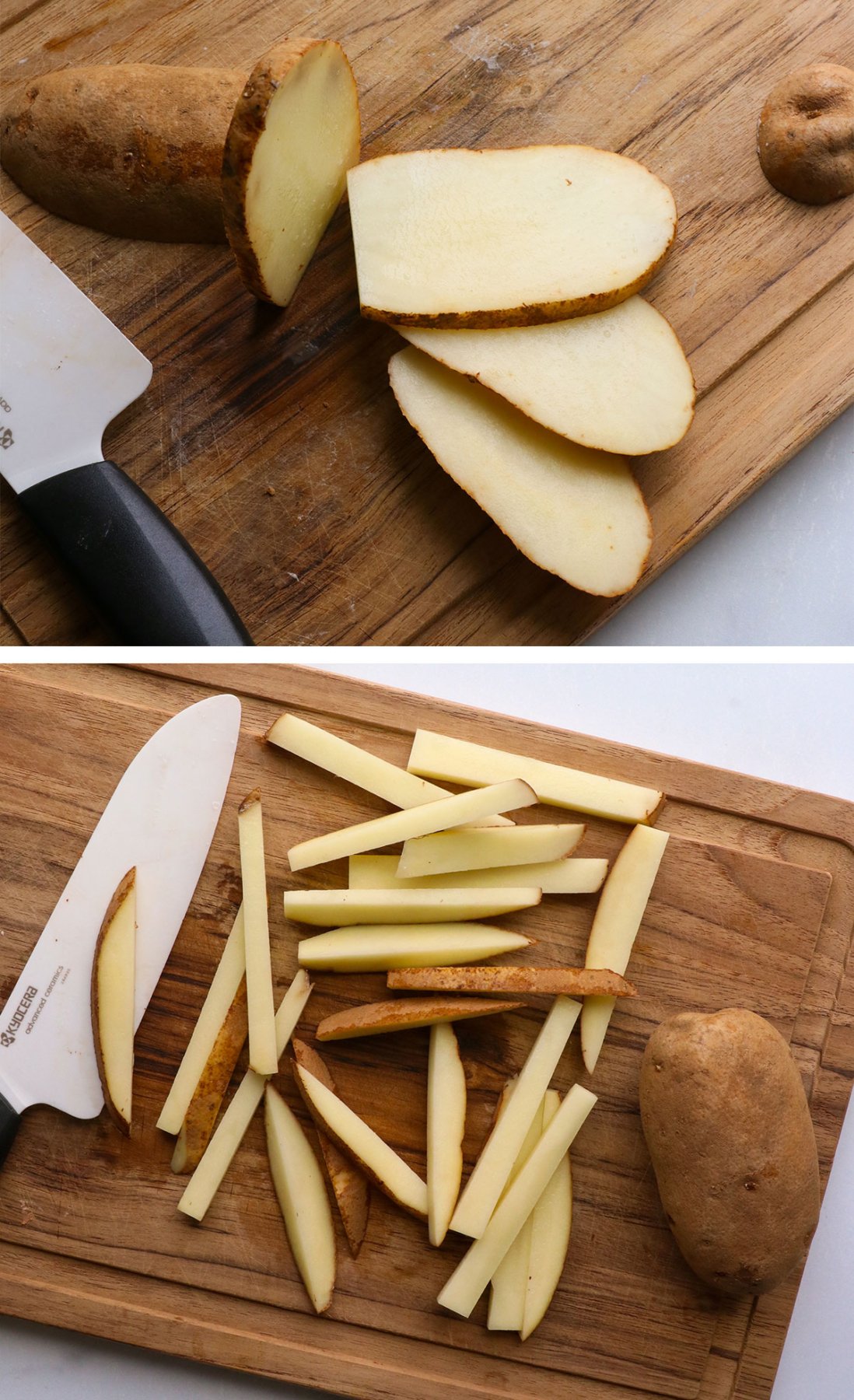 Slice potatoes thinly and then fries on a cutting board.