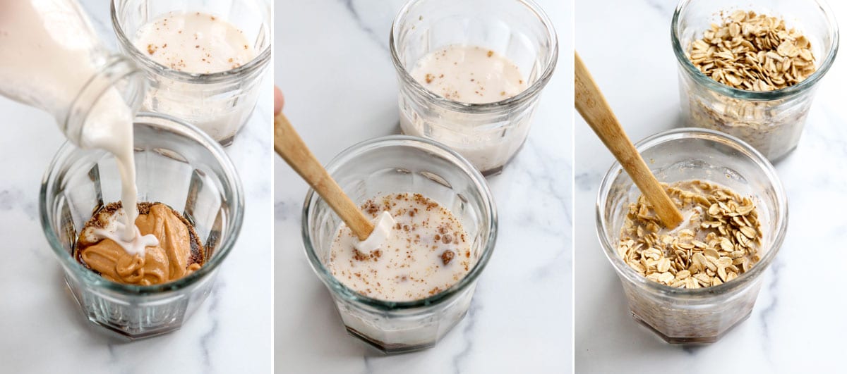 stirring together overnight oats in glass jars