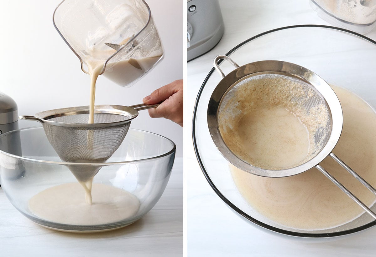 straining oat milk into a large glass bowl to catch the oat pulp.