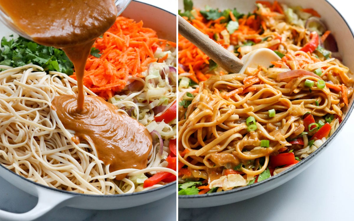 peanut sauce added to veggies and noodles