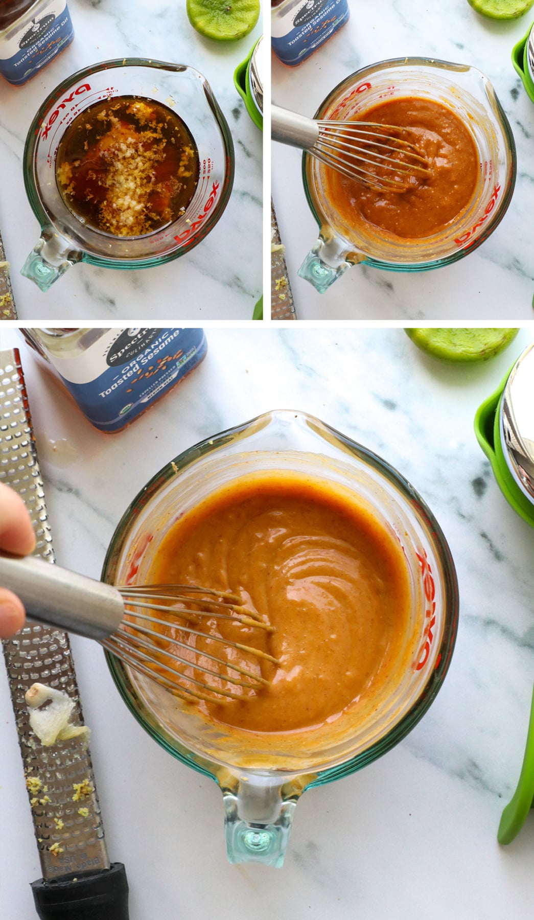 peanut sauce stirred together in a glass measuring cup.