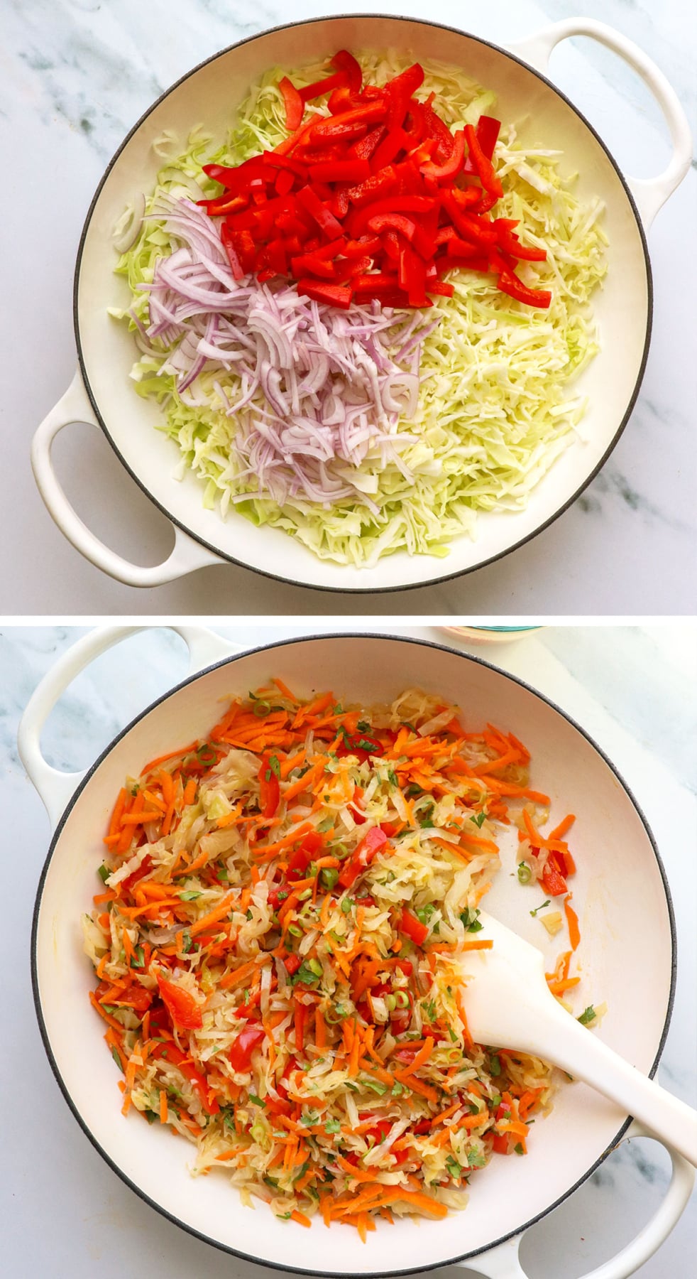 shredded cabbage, onion, and bell pepper cooked until tender with shredded carrots and cilantro.