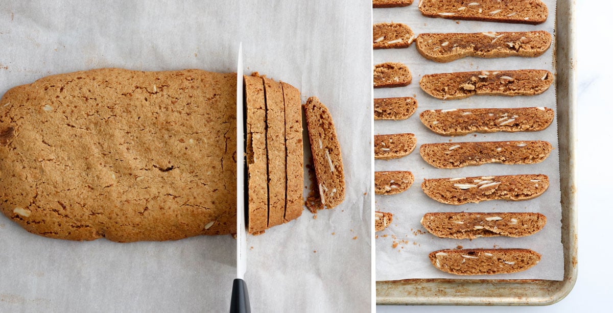 slicing biscotti into pieces