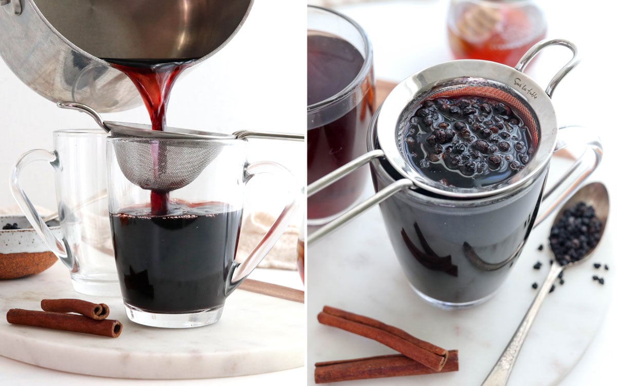 strained elderberries in small strainer