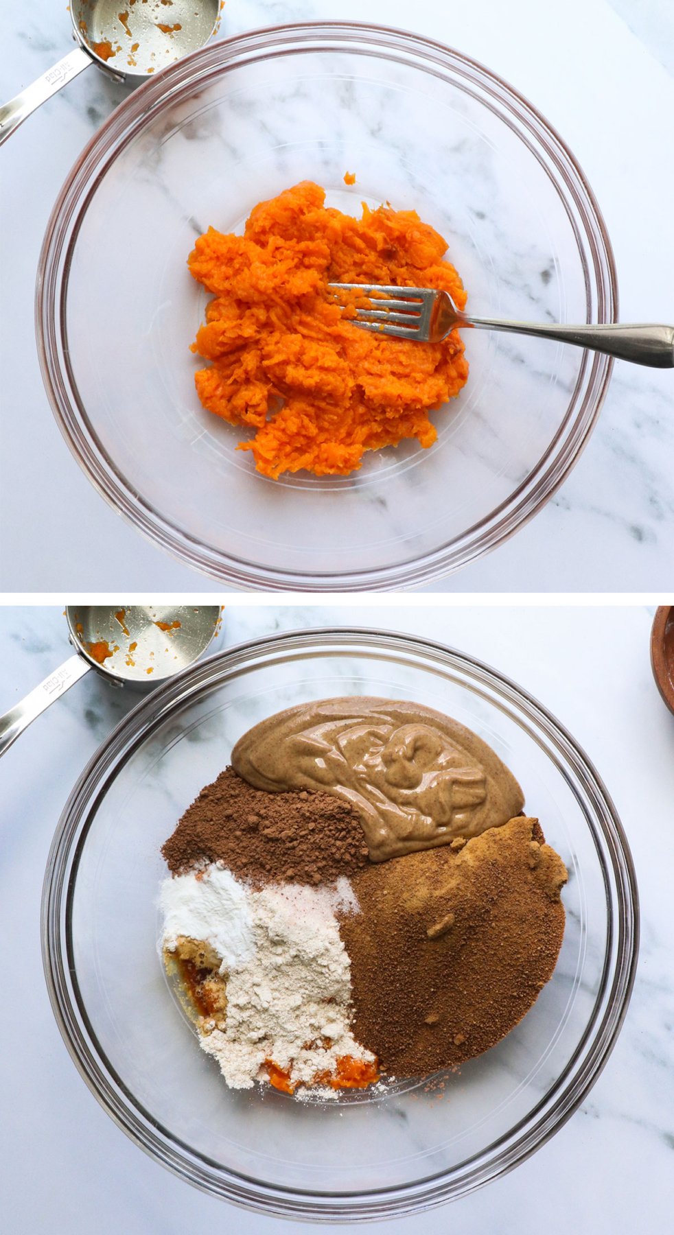 sweet potato and brownie ingredients in a glass bowl. 