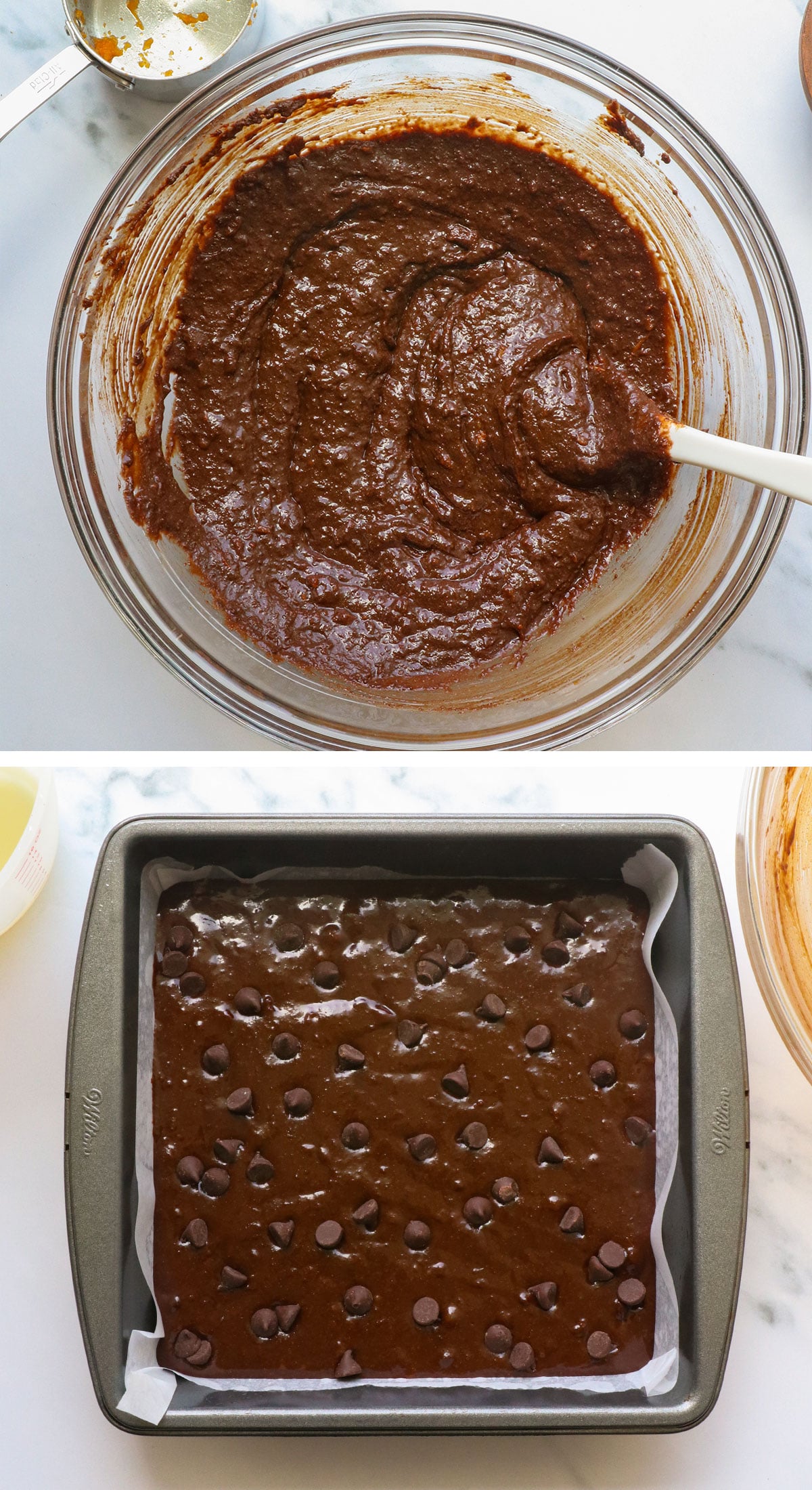 brownie batter mixed and transferred to a baking pan.