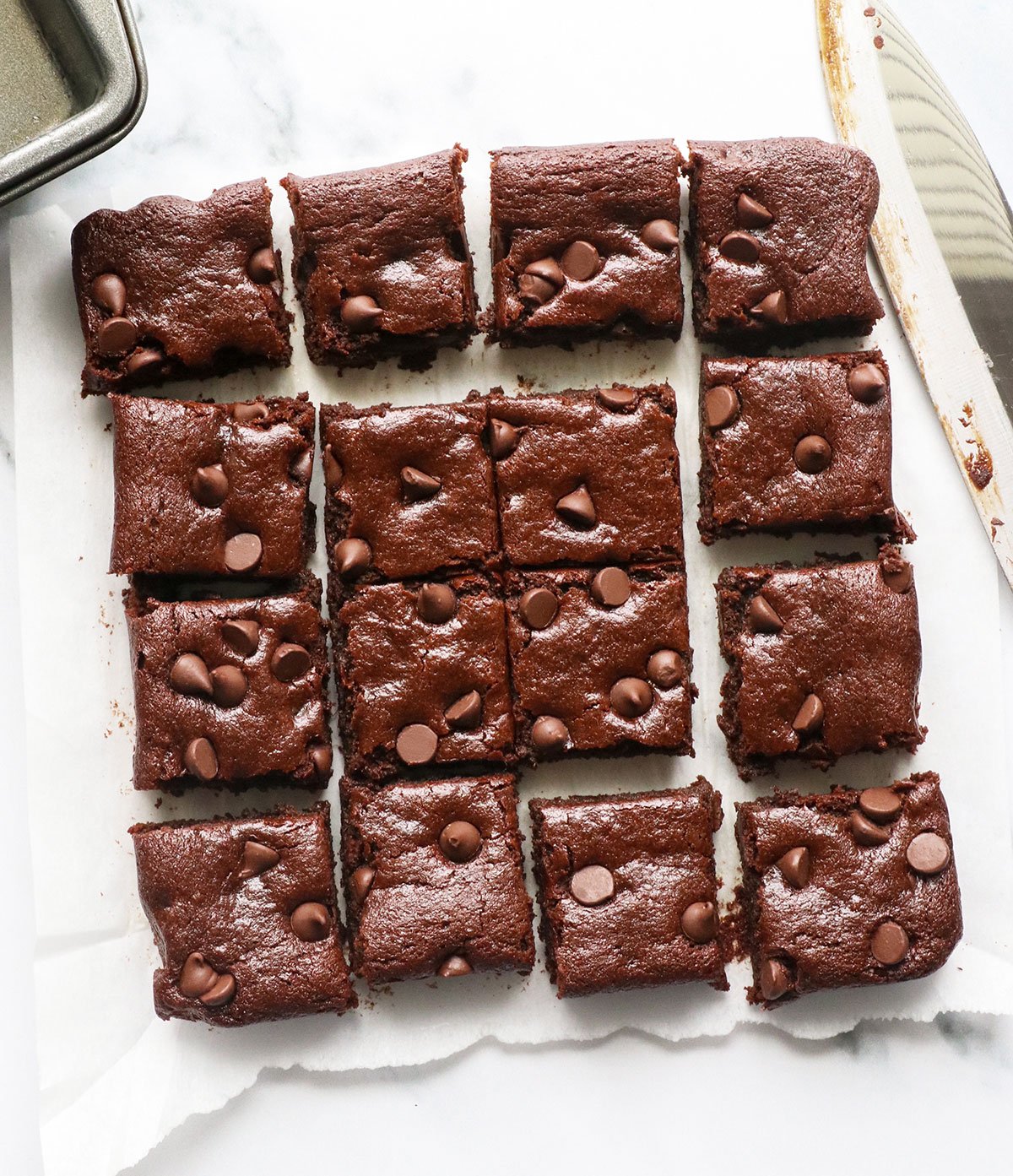 sweet potato brownies sliced into 16 squares. 
