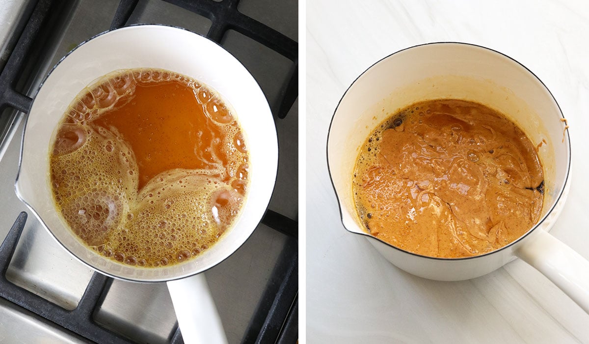 boiled honey in small pot mixed with peanut butter.
