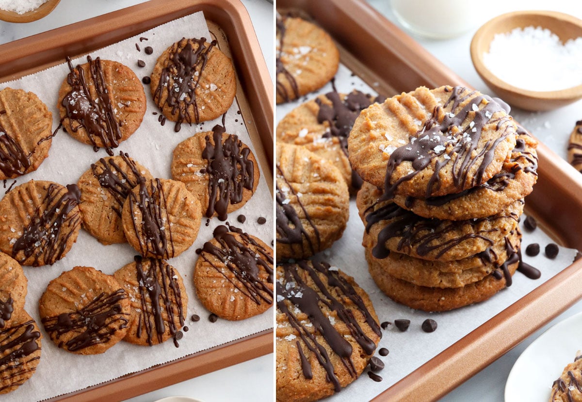 chocolate drizzled on cookies on baking sheet