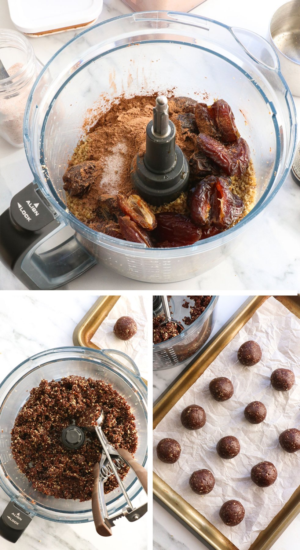 dates mixed with cocoa powder and walnuts for date balls. 