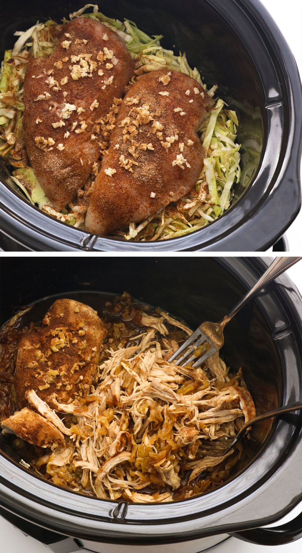 chicken breasts seasoned in a slow cooker and shredded with forks.