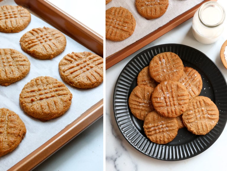 baked peanut butter cookies on pan and on plate
