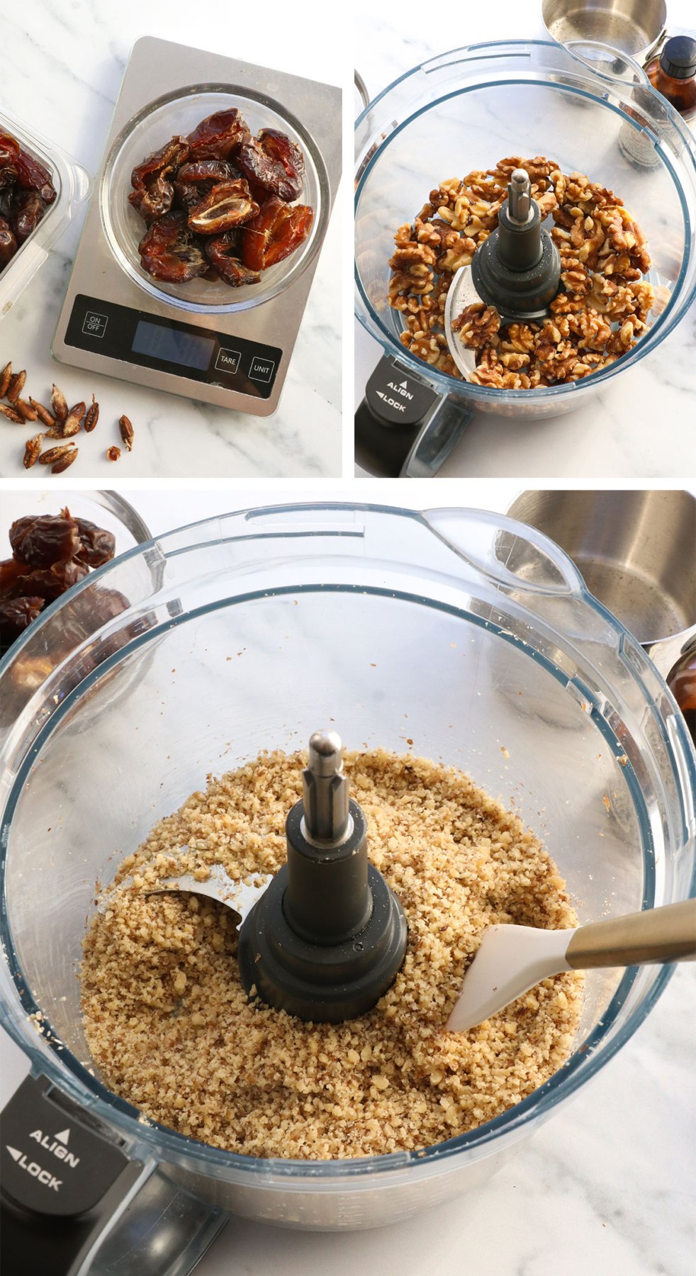 dates and walnuts measured and processed in food processor. 