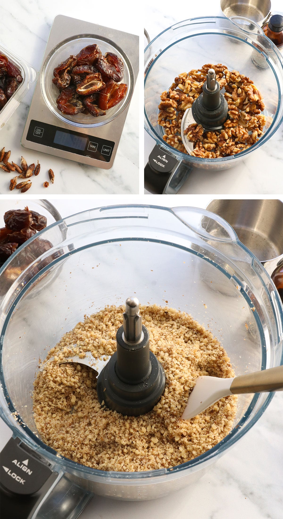 dates and walnuts measured and processed in food processor.
