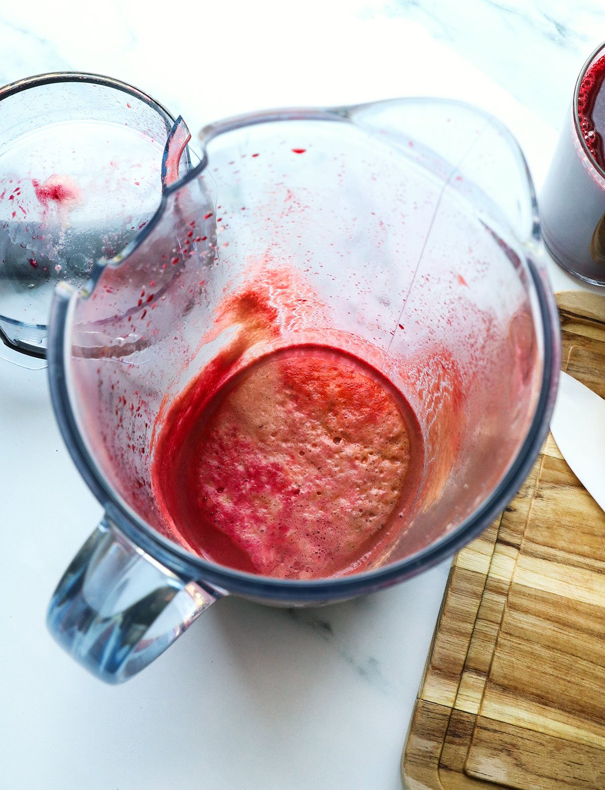 foam leftover in pitcher from beet juice. 