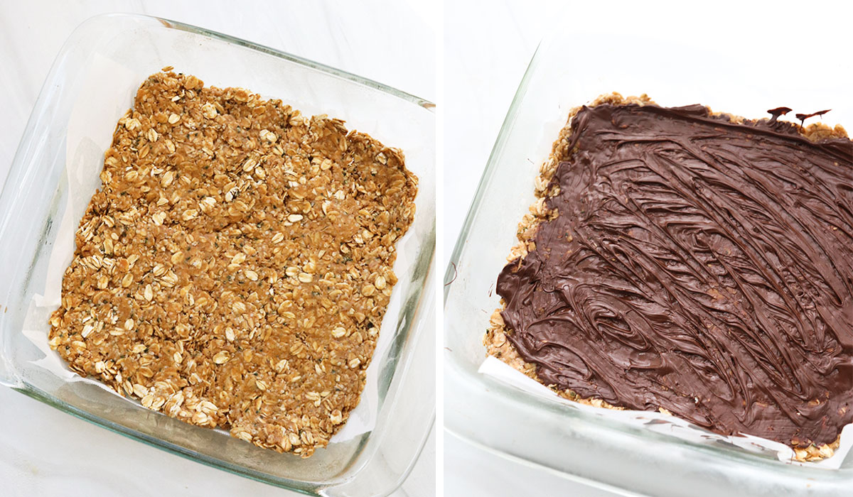 granola bars pressed into pan topped with chocolate.