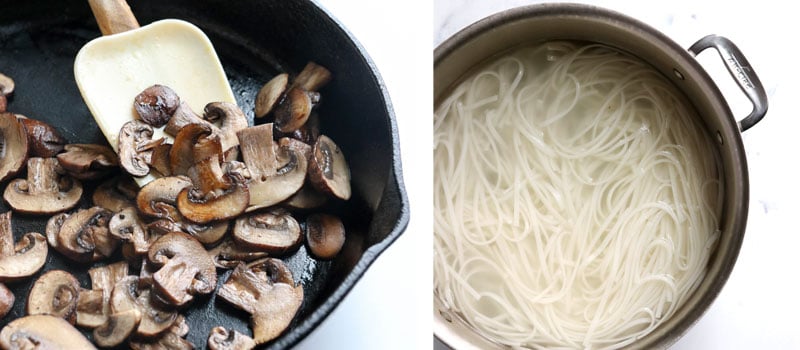 mushrooms and noodles cooked separately
