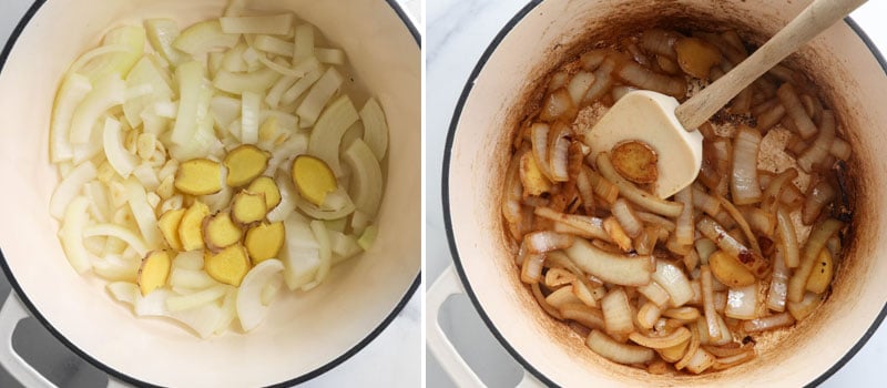 onions and ginger browned in pot
