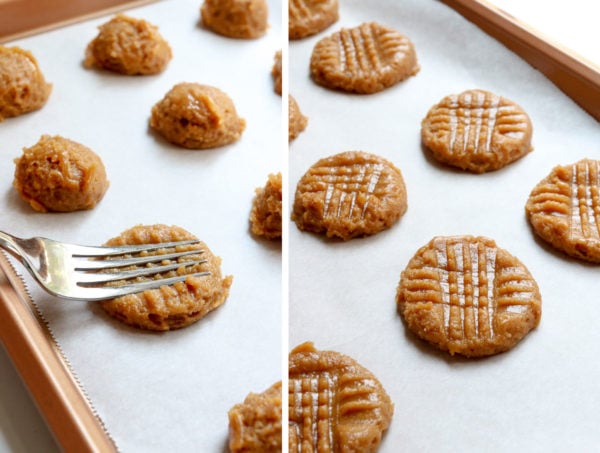 cookie dough flattened with fork in criss cross pattern