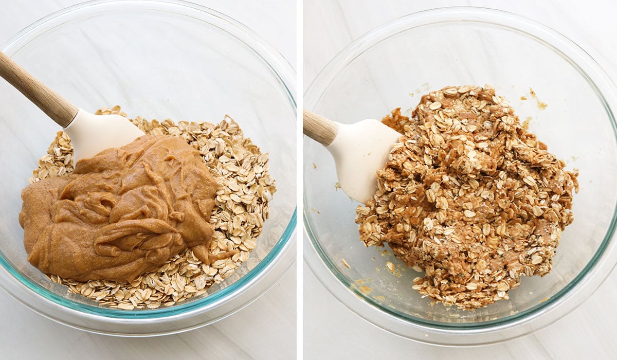 peanut butter mixture stirred together with oats.