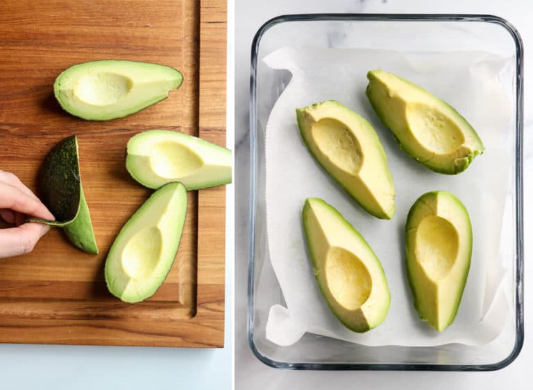 peeled avocado placed in container to freeze