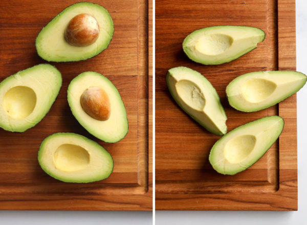 avocado sliced in half and in quarters