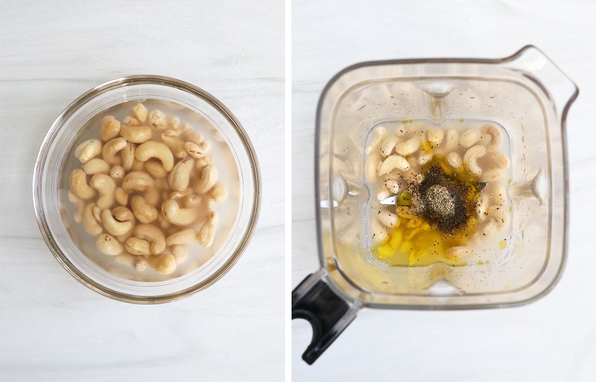 cashews soaked in water and added to blender.