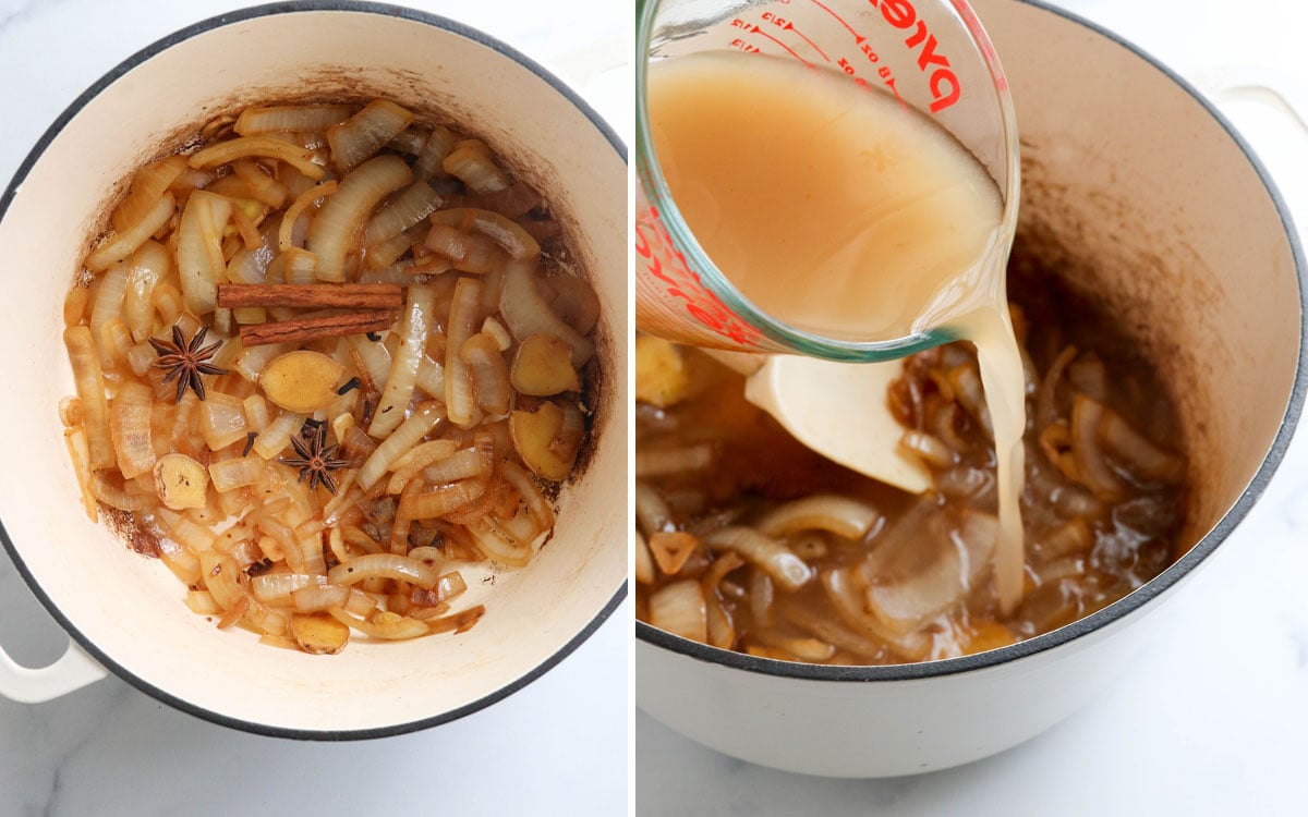 whole spices in the pot with broth added