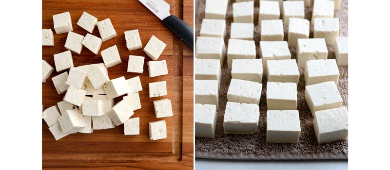 tofu cut into blocks on towel
