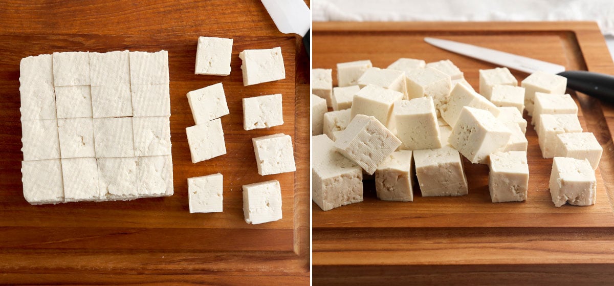 tofu sliced on cutting board