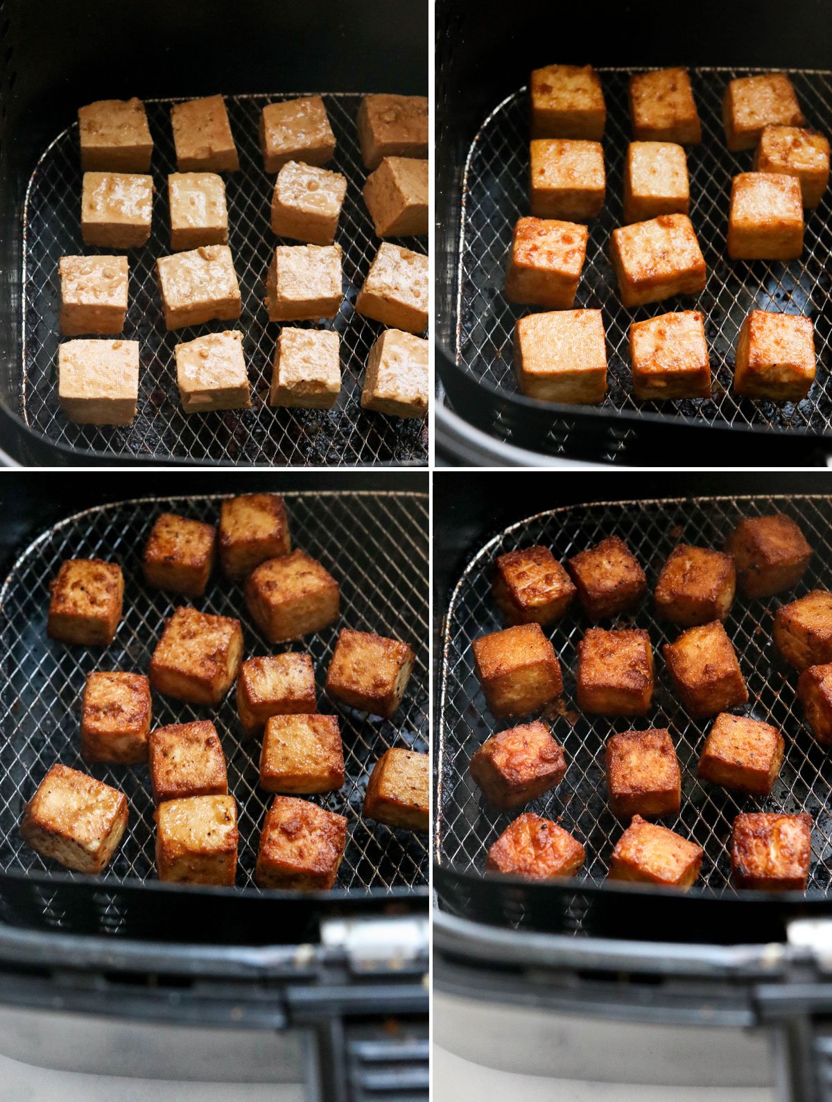 tofu pieces in air fryer basket