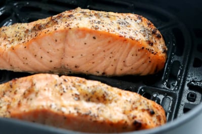 cooked salmon in the air fryer basket
