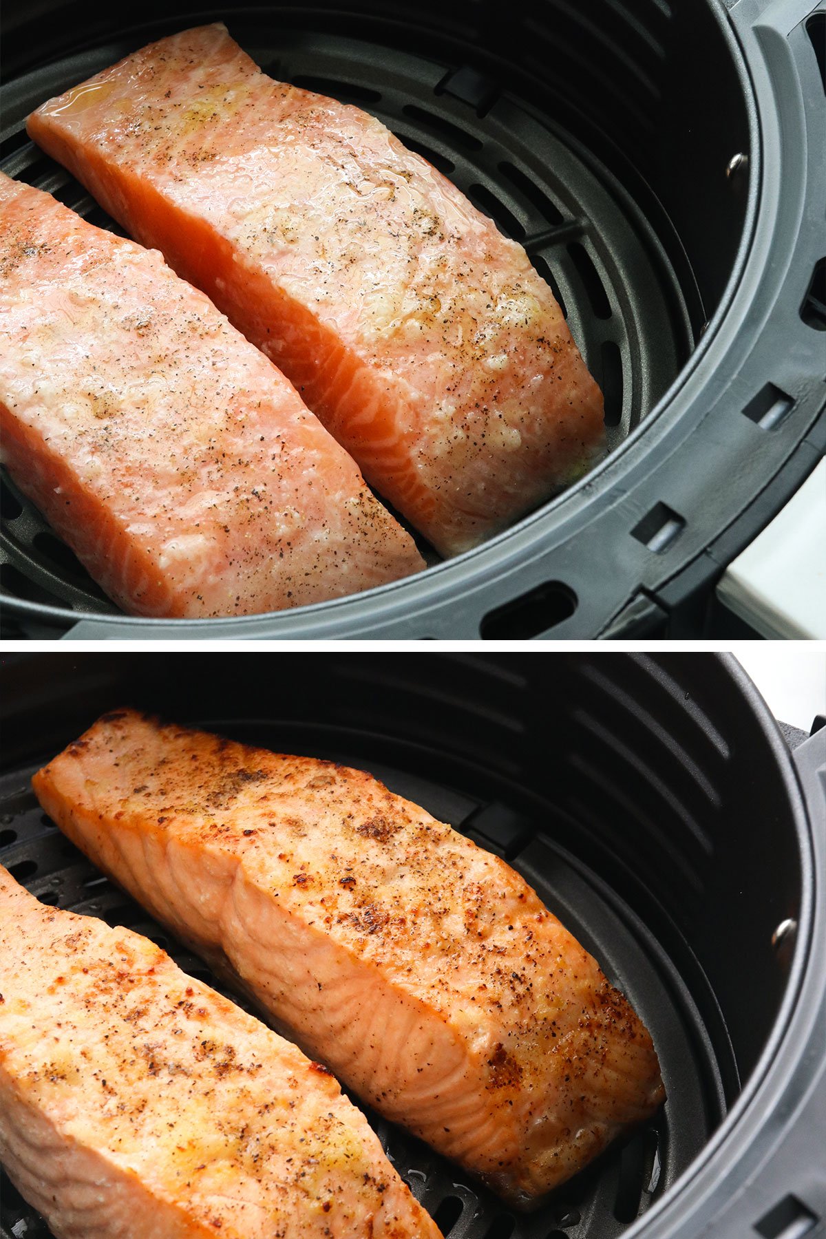 salmon in the air fryer before and after cooking.
