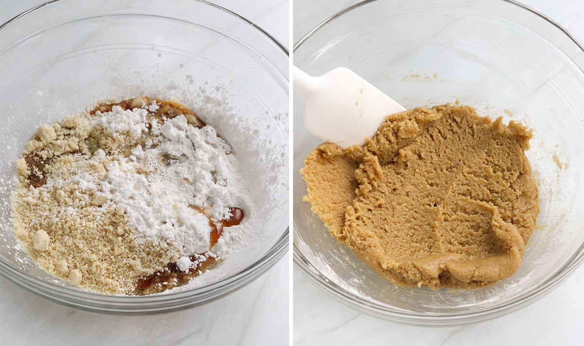 pasta per biscotti allo zucchero con farina di mandorle mescolata in una ciotola di vetro.