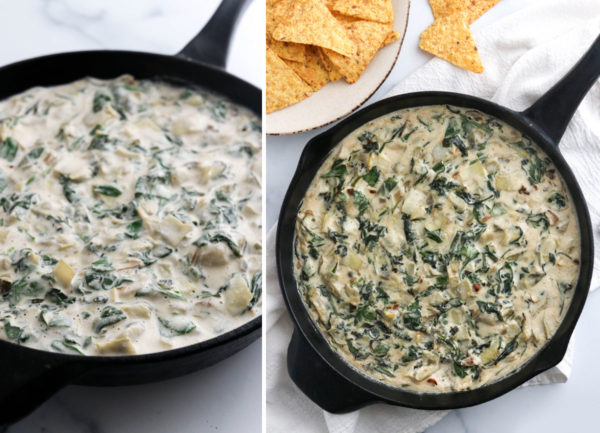before and after baked dip in skillet