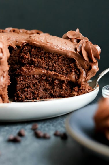 chocolate almond flour cake on serving plate