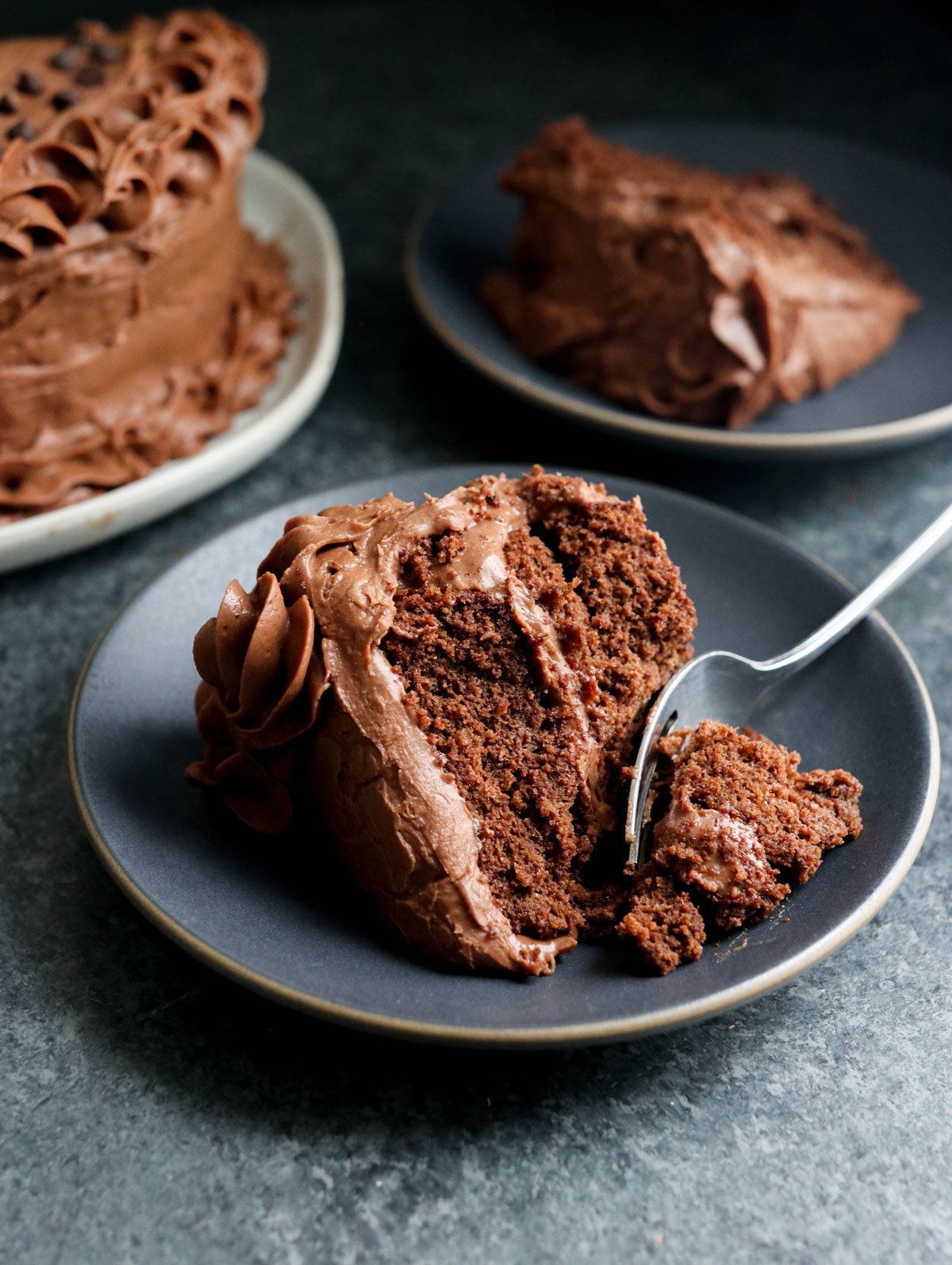 chocolate cake slice with bite taken