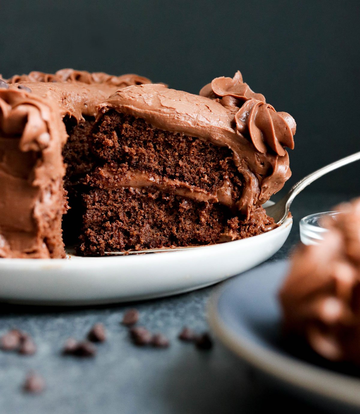 chocolate almond flour cake on serving plate