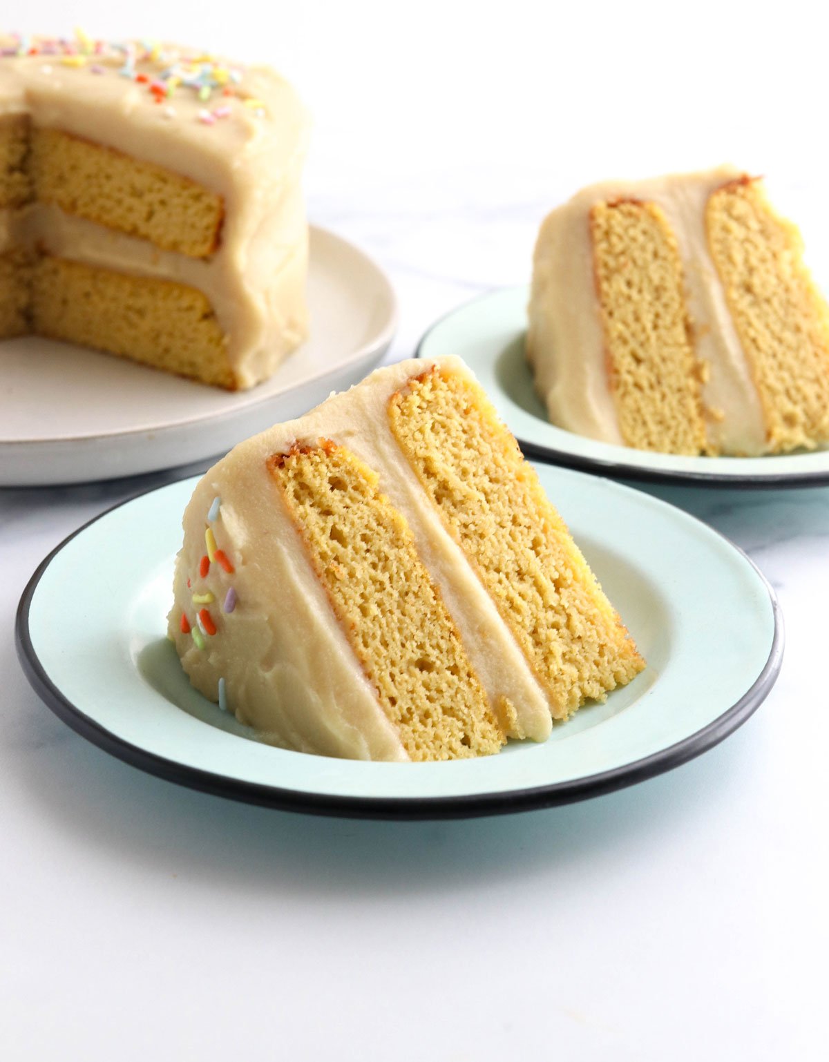 coconut flour cake slice on two plates