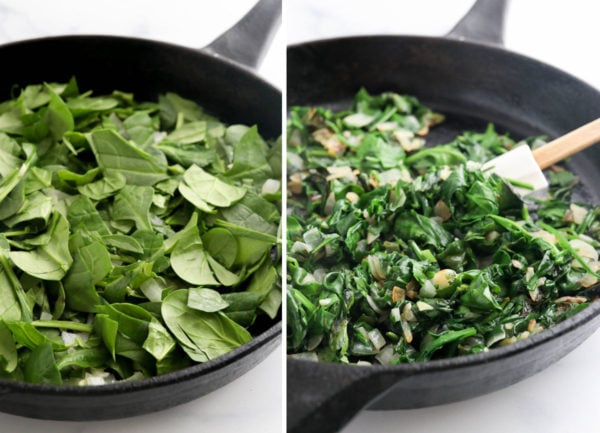 fresh and cooked spinach in skillet
