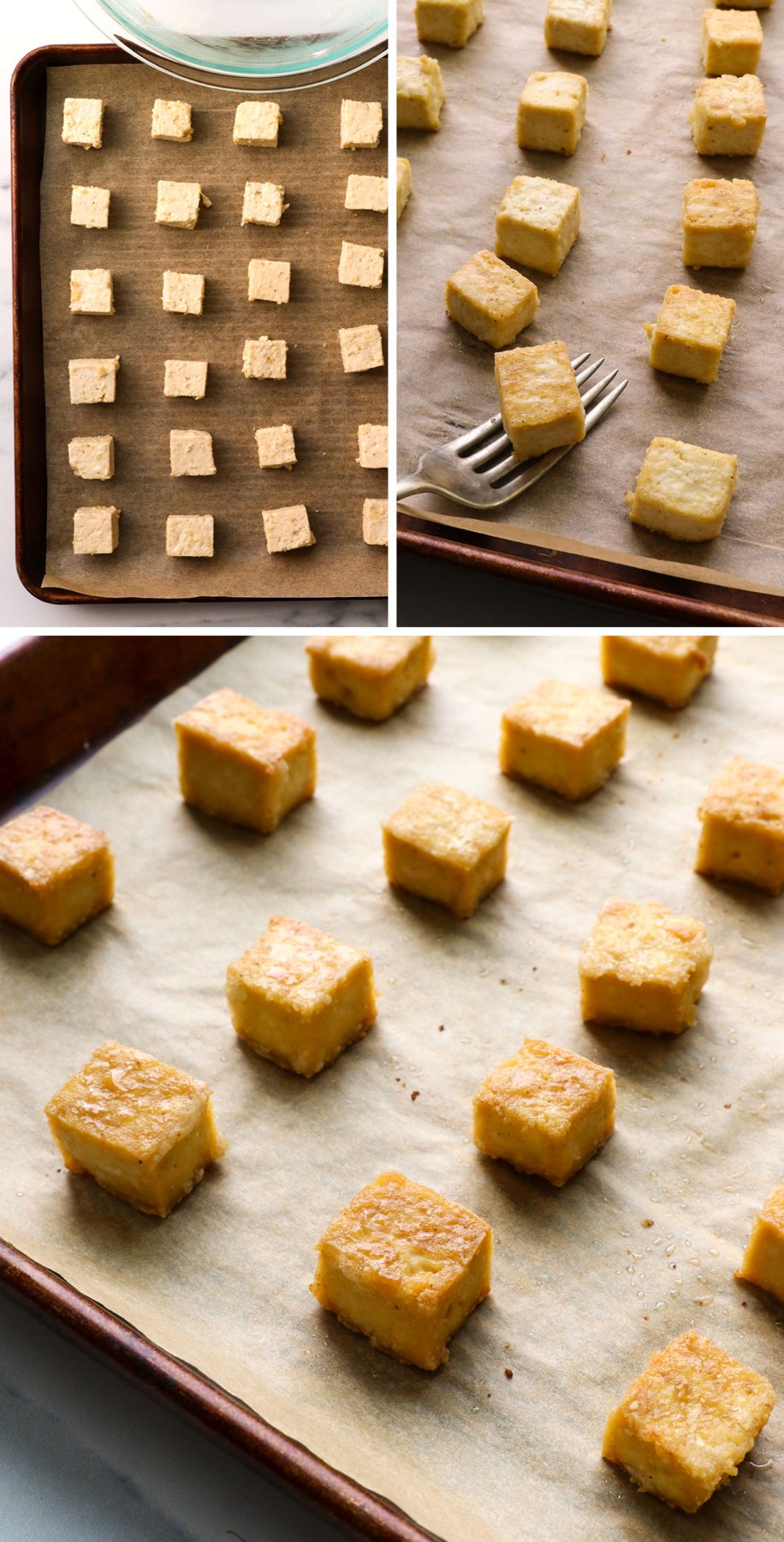 tofu baked on a pan and flipped until golden. 