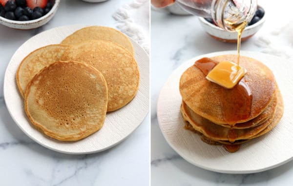 finished pancakes on a plate with syrup