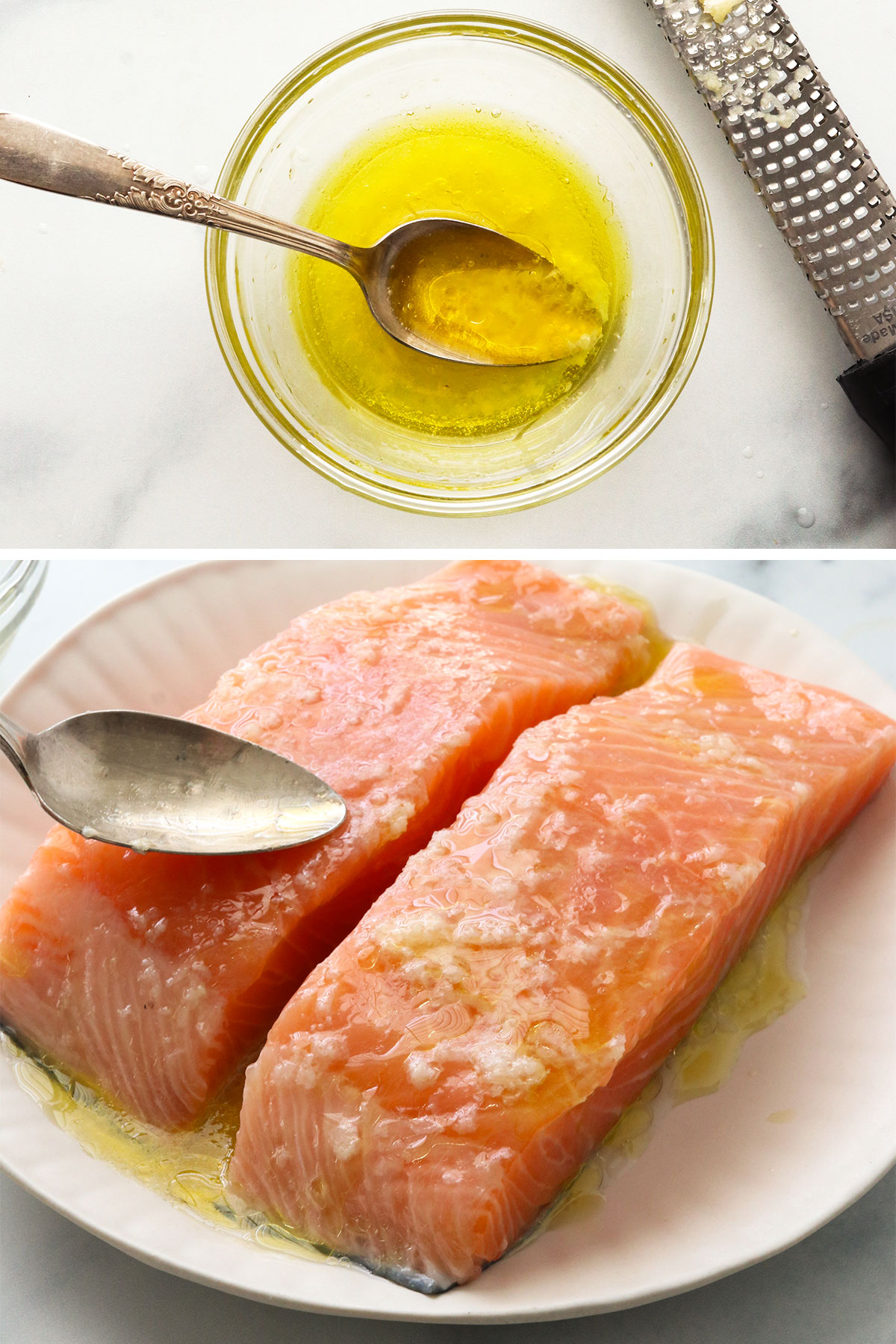 lemon juice mixed with garlic and olive oil in a bowl and spread over salmon.