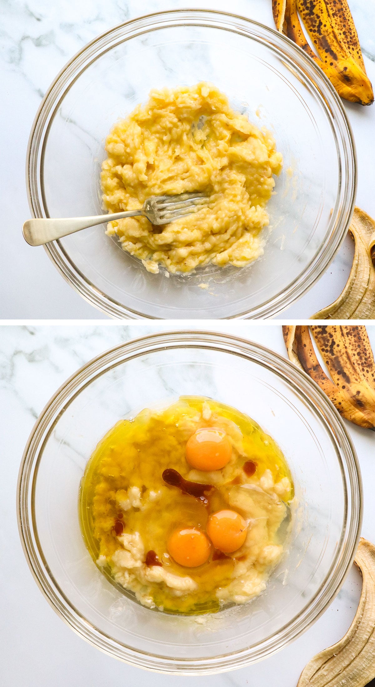 bananas mashed in a bowl and mixed with wet ingredients. 