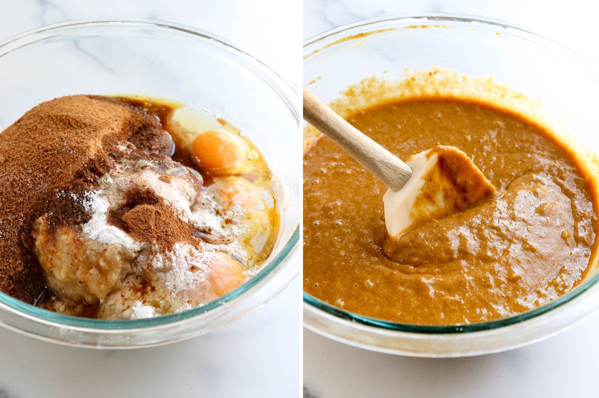 oat flour banana bread batter mixed in bowl