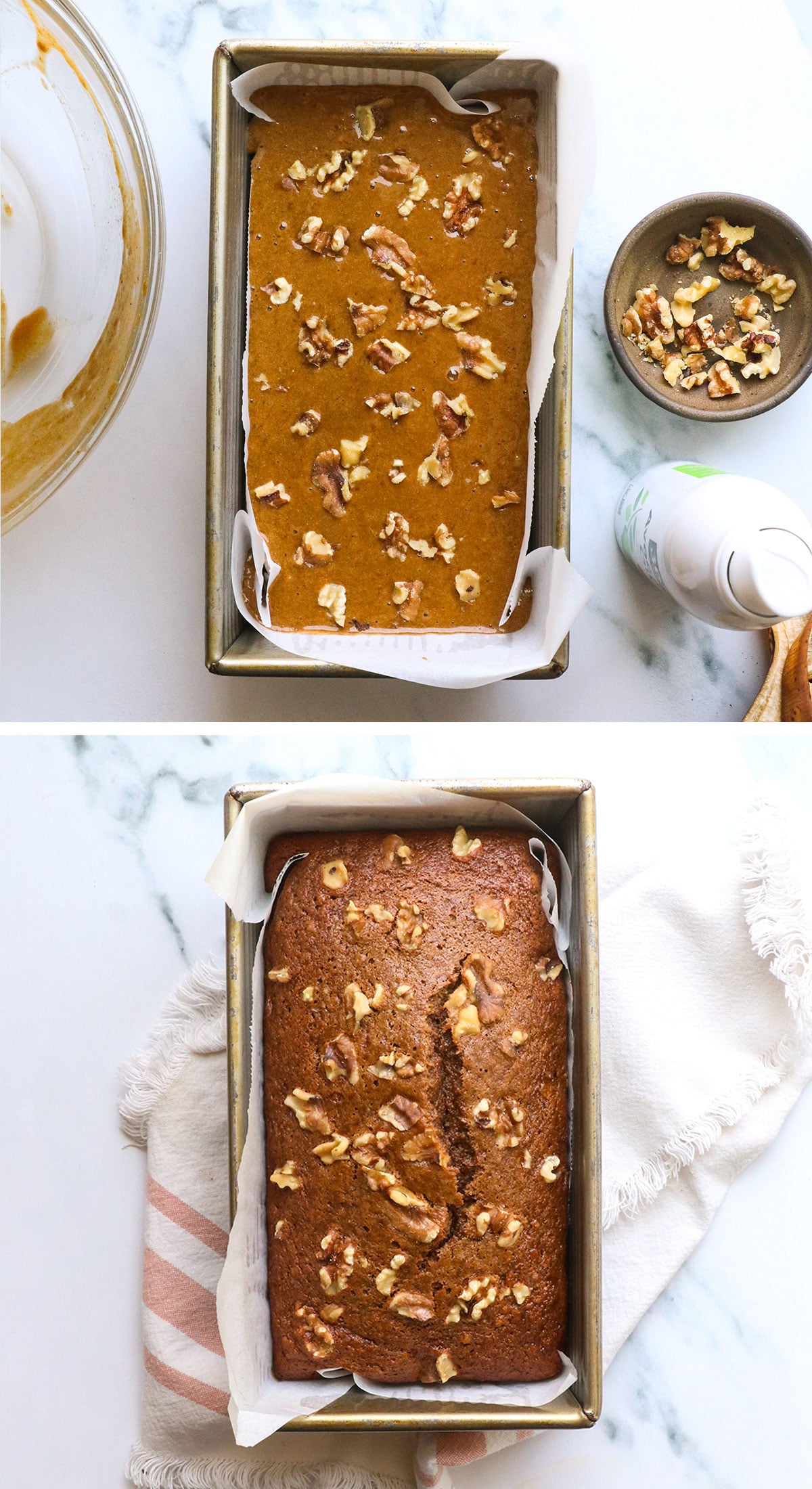 banana bread in a loaf pan before and after baking. 