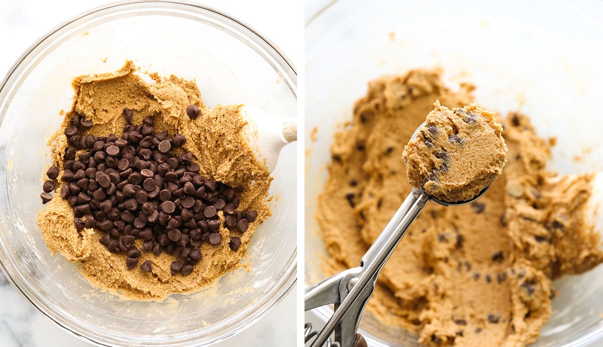 chocolate chips added to cookie dough and scooped.