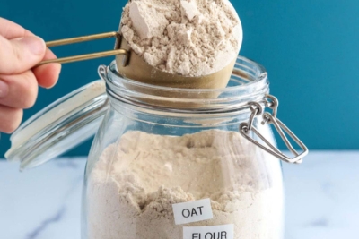 oat flour on blue background